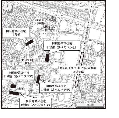 大阪市営阿倍野第４住宅１号館周辺図